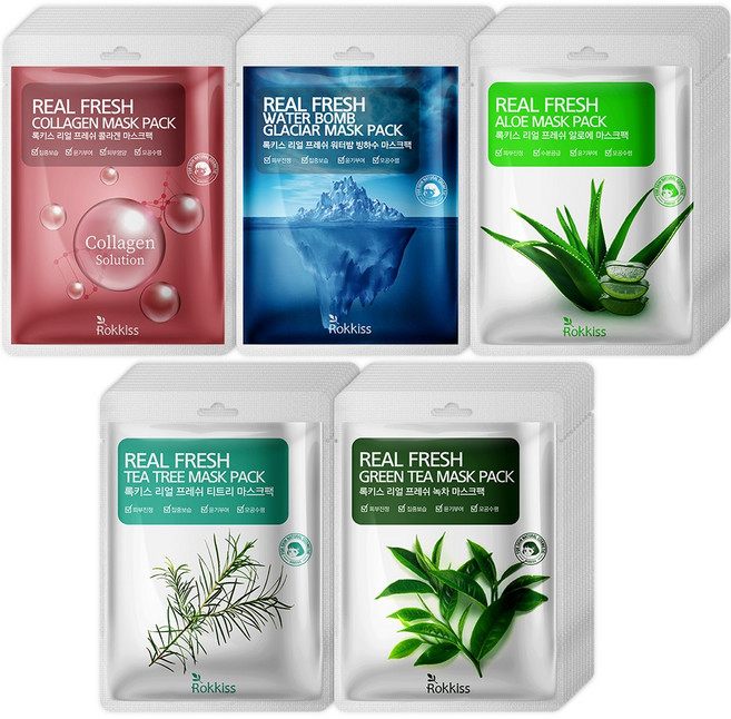 록키스 리얼 프레쉬 마스크팩 빙하수 10p + 콜라겐 10p + 티트리 10p + 알로에 10p + 녹차 10p 세트, 1개, 50개입