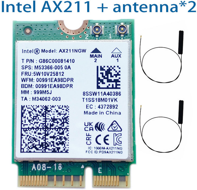 무선 와이파이 네트워크 카드 어댑터 AX211NGW 블루투스 5.2 인텔 AX211 M.2 키E CNVio 윈도우 10 64 비트 6 AX201 2.4G 5Ghz, 02 AX211 2PCS antenna, 02 AX211 2PCS antenna