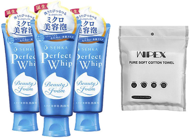 센카 퍼펙트 휩 페이셜 워시 120g 3개 + wipex 퓨어 소프트 코튼 타월 6개입, 1세트