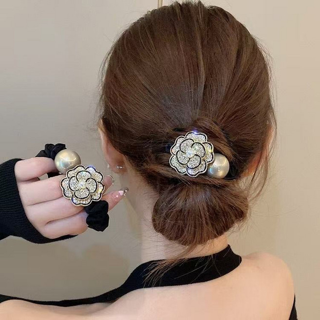 비아워게스트 짱짱한 고무줄 왕진주 곱창밴드 장미 머리끈 2p