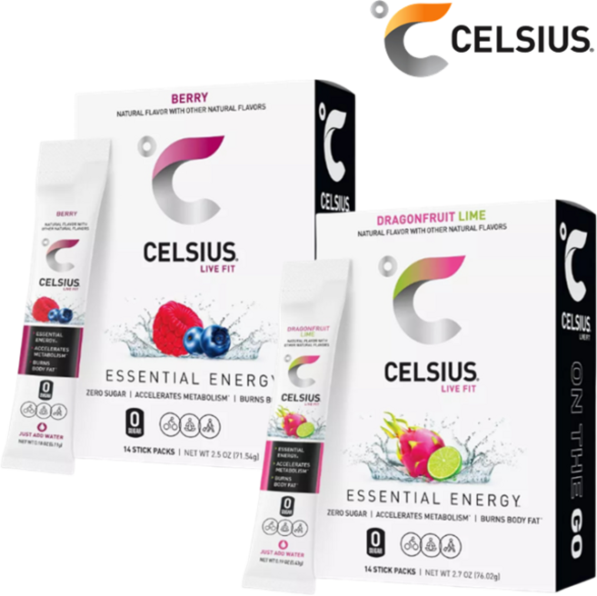 [CELSIUS] [1+1] 셀시어스 히트 워터 제로슈가 베리 맛 14개입 + 드래곤프루트 라임 맛 14개입 운동 보조 에너지 드링크 분말 파우더 Energy Drink Mix