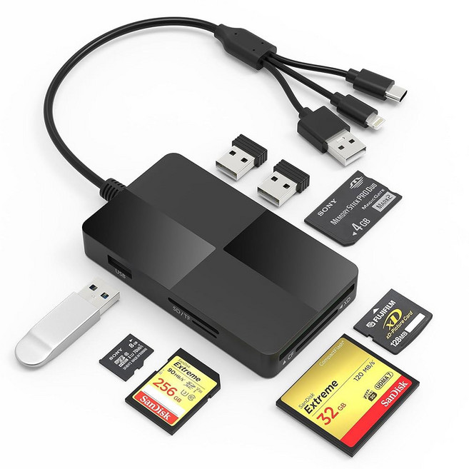 메모리 스틱 프로 듀오 어댑터 리더 - iPhone/컴퓨터/USB-C 장치용 SD/TF/MS/CF/XD 카드 8 in 1 Lightning+USB A+USB C 멀티 리더(USB, 1개