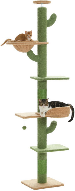 PAWZ Road 5단 대형 선인장 모양 플러시 패브릭 캣폴 천장 고정형 높이 조절 캣타워205-255cm, 1개, 그린
