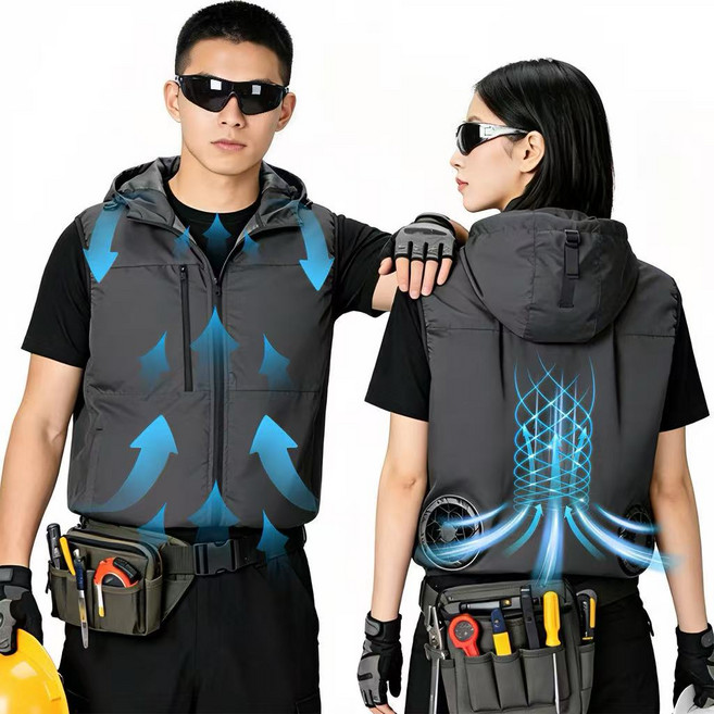 남녀공용 아이스 쿨링 선풍기조끼 후드 여름 작업복 자외선 차단 20000 mAh 보조배터리 포함