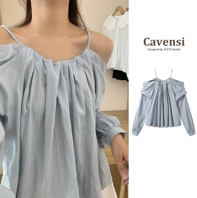 Cavensi 一字領露肩長袖上衣 薄長袖T恤, 清爽藍色,3XL（建議80-90公斤 ）