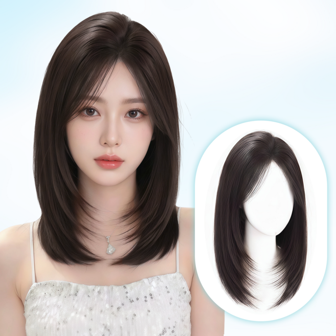 CIVILEE 여성 자연 수제 볼륨 가발 일체형 레이어드 미디움 앞머리 가발, 1개, 갈색 검정