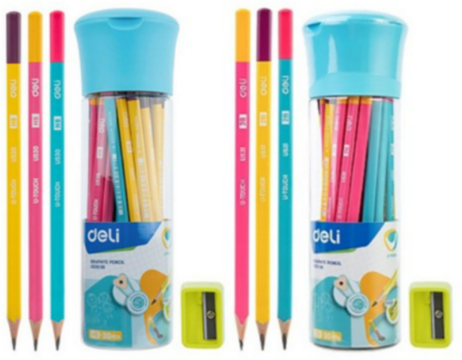 델리 스쿨연필 HB 30p + 연필깎이 + 케이스 세트 EU53006, 혼합색상 (Mix), 8세트