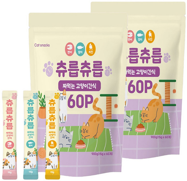 츄릅츄릅 짜먹는 고양이간식 60스틱 혼합팩 헤어볼케어 2개, 연어+치킨+참치, 15g, 120개