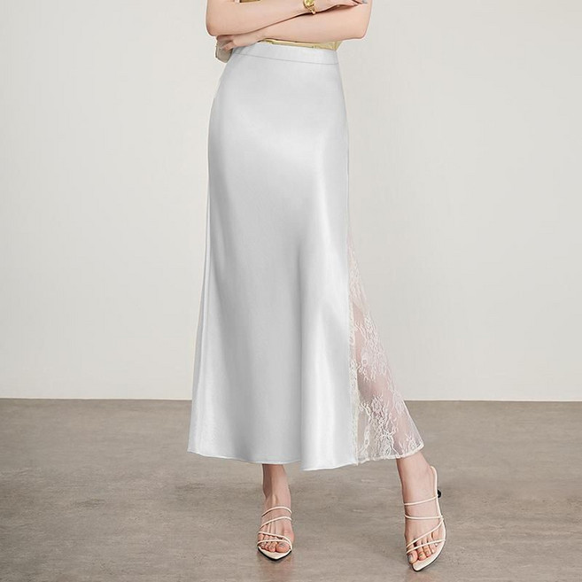 유니픽 여성 봄여름 실크 옆 레이스 배색 하이웨이스트 롱스커트 우아한 핏 A라인 스커트CC