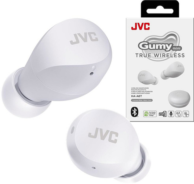 JVC 컴팩트하고 가벼운 Gumy 미니 트루 와이어리스 이어버드 헤드폰 긴 배터리 수명(최대 23시간) 네오디뮴 자석 드라이버가 있는 사운드 방수 (IPX4) - HAA6, 화이트, 1개