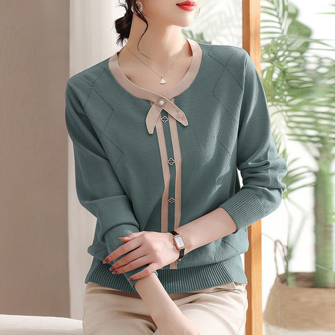 COSYEVNO 중년 엄마 긴팔 톱 가을 체크 트렌디한 루즈핏 캐주얼 숏 니트 CXJzzs-02