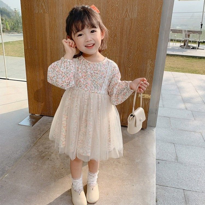 女童洋裝 長袖碎花網紗連身裙