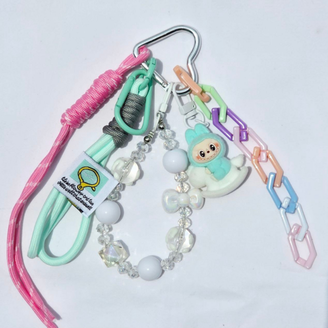 라부부 키링 고급스러운 로프 예쁜 비즈 하트 고리 labubu 인형 열쇠고리, 1개, 민트