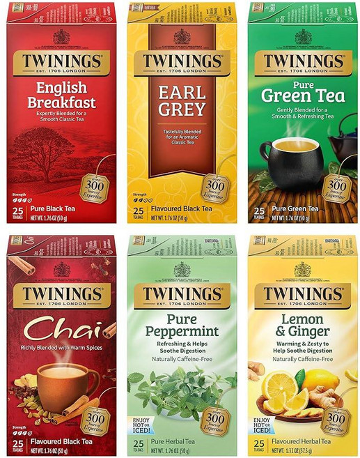 Twinings 버라이어티 팩 잉글리시 브렉퍼스트 얼 그레이 아이리쉬 레이디 카페인 홍차 티백 20개 (4팩), 버라이어티 팩(혼합), 25개 (6팩)