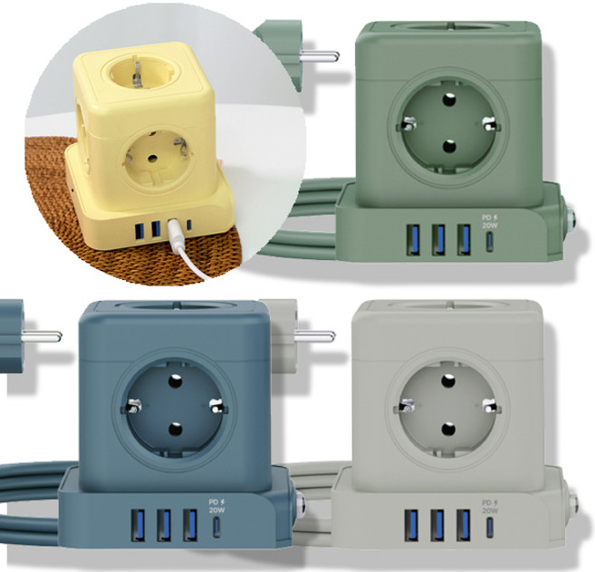 에코너 MT04 큐브 멀티탭 4000W 고용량 전선형 5구 c타입1 usb 3포트 고속충전, 1개, 그린, 1.8m