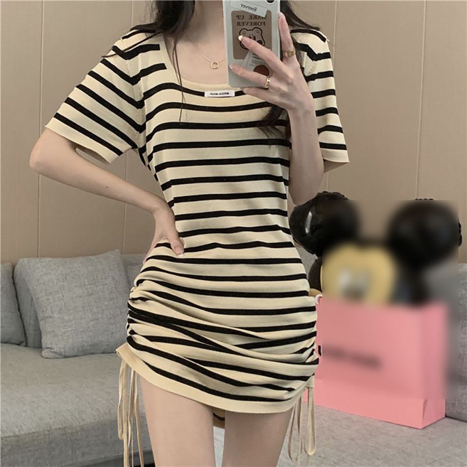 ROYALBELLE 여성 스트라이프 스퀘어넥 셔링 스트링 슬림핏 데일리 캐주얼 미니 원피스 E01011816