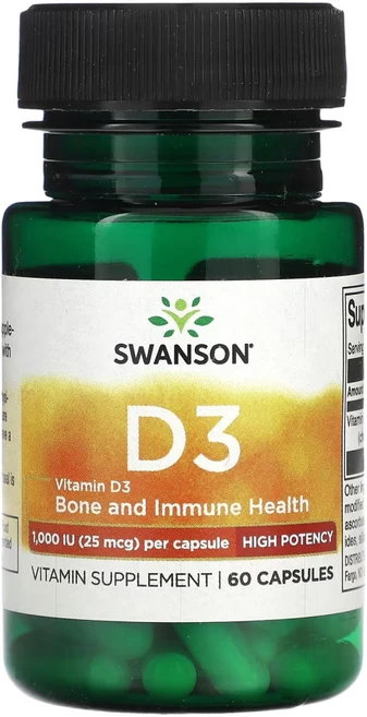 Swanson 비타민D3 고효능 25mcg(1 000IU) 캡슐 60정 Swanson (스완슨), 1개 - 쿠팡