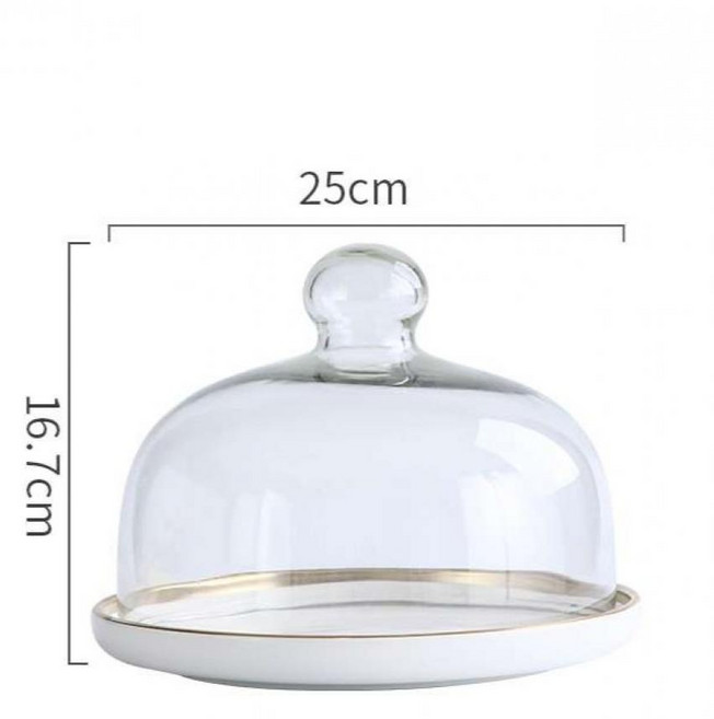 케이크돔 푸드커버 음식 강화유리 도자기받침 빵 보관 케익돔 과일 투명 세라믹 덮개, 1개, 화이트 대형+23cm 원형 유리뚜껑