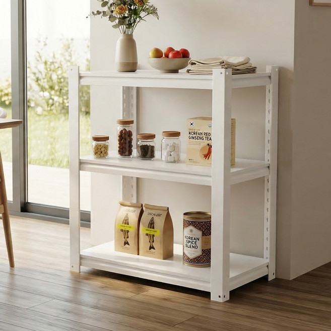 Polyidea 튼튼한 무볼트 간편조립 철제 선반 주방 창고 실외 베란다 펜트리 선반장 다용도 선반 랙, 3단, 화이트