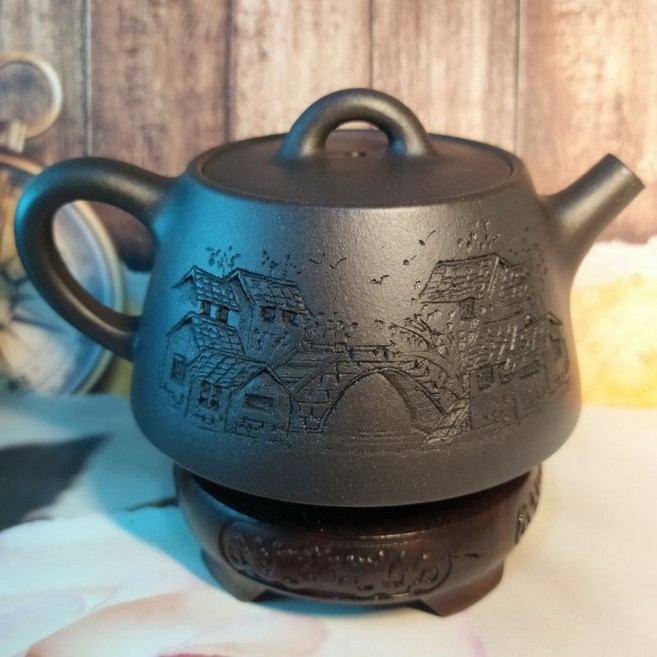 原礦石黃嵌蓋石瓢壺 稀有泥料 珍藏精品 雙面陶刻 江南風景 14孔 175cc 宜興紫砂壺 茶壺 茶具, 1個, 石黃