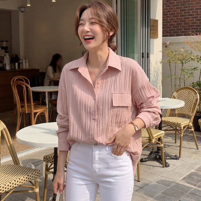 B178-3 기르보 빅사이즈 여성 플리츠 텍스처 루즈핏 셔츠 간절기용 44-120