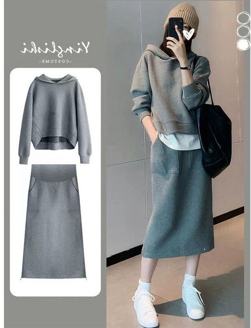 녕동 여성 캐주얼 맨투맨 트레이닝 세트 빅사이즈 크롭 후드티+롱 스커트 투피스 데일리 밴딩 롱치마 임부복