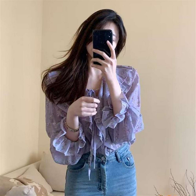 여성용 봄 가을 쉬폰 블라우스 허리 리본 플로럴 프릴 긴팔 시스루 셔츠 W16