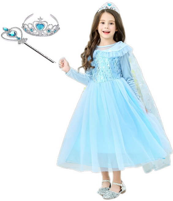 유니엔젤 얼음공주 블루긴소매 드레스 + 왕관 + 요술봉 세트