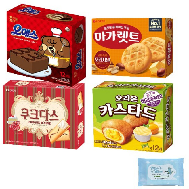 과자세트 해태 크라운 롯데 오리온 대용량 과자 (쿠크다스 289g+오예스 360g+마가렛트 352g+카스타드 276g) (+물티슈10매증정), 1개
