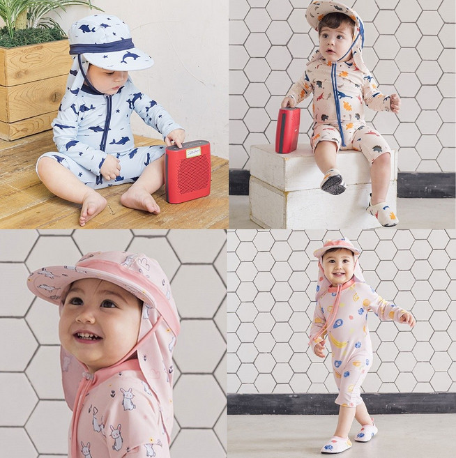 아기 유아 래쉬가드 해피라인 4종 우주복 플랩캡 아쿠아슈즈