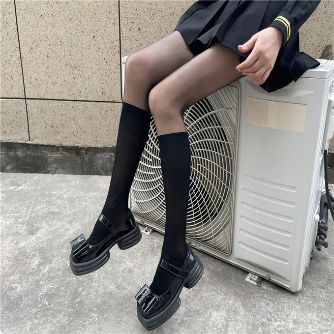쿠쿠스토어 여성 스타킹 패치 워크 쉬어 블랙 JK 일본식 팬티 로리타 스위트 걸스 허벅지 높은