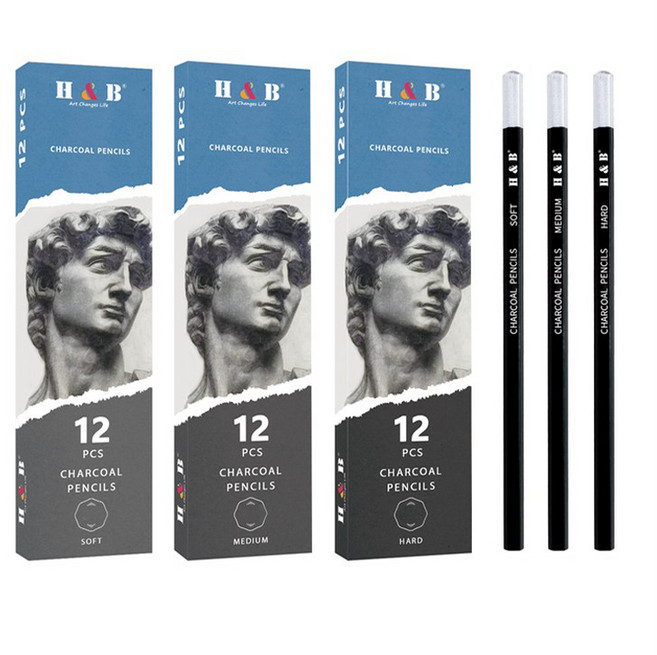 HB문화사 차콜 미술 드로잉 스케치 연필 하드 미디엄 소프트 혼합구성 12p 셋트 전문가용, 하드4p+미디엄4p+소프트4p, 12개