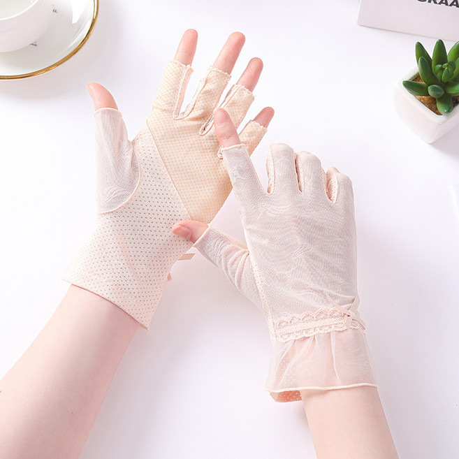 윈즈 wynnz 여성 운전장갑 레이스 손가락 반장갑 자외선 차단장갑, 아이보리Lc, 1개