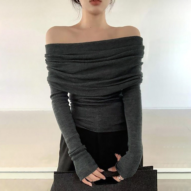 프렌치 풀오버 오프숄더 울니트 티
