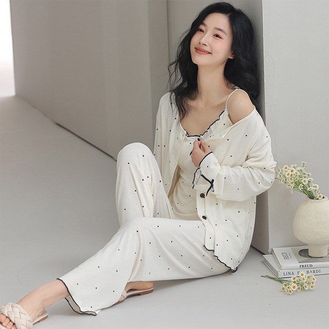 Pink Lady 晨露甜心 罩杯式 三件套睡衣 冰絲螺紋 排釦 春秋 簡約 吊帶 長袖長褲 女睡衣 居家服