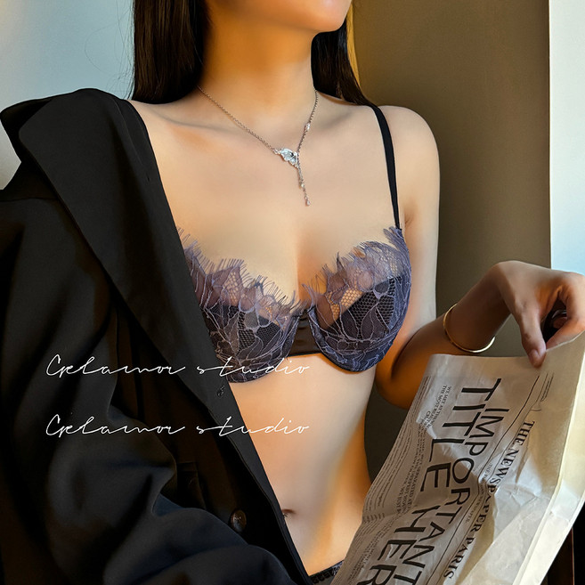 法式蕾絲薄款聚攏內衣 半杯軟鋼圈收副乳文胸