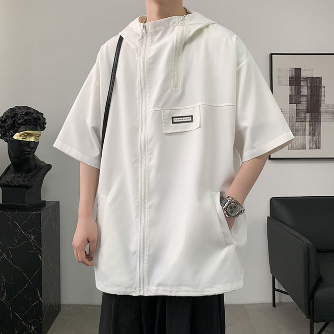 ASURE 환절기 여름 남성 바람막이 루즈핏 반집업 후드 반팔 티셔츠 빅사이즈 데일리룩