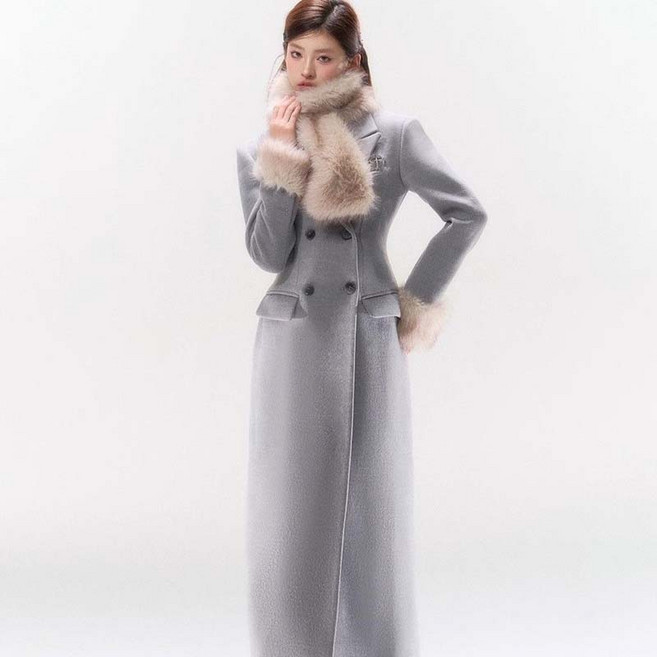 AOKADA 여성 가을 겨울 슬림핏 털카라 모직 더블 롱 코트