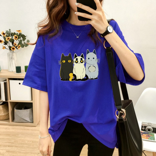 스타일아유 여성 여름용 오버핏 반팔 티셔츠 200g순면 원작 귀여운 고양이 프린트 빅사이즈 M~2XL 루즈핏 반팔티 롱티 자체제작[A3G3TS1725]