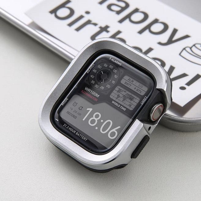 애플워치 호환 알루미늄 - 티타늄 합금 메탈 범퍼 케이스 울트라 풀커버 일체형 케이스 360도, 44mm, 실버(검은색 배경), 1개