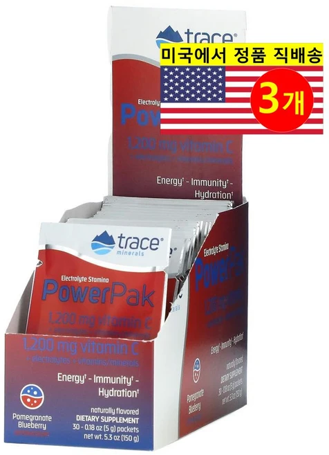 Trace Minerals 트레이스 미네랄 전해질 스태미나 파워팩 비타민 C 1200mg 석류 블루베리 맛 30개입, 3개 - 쿠팡