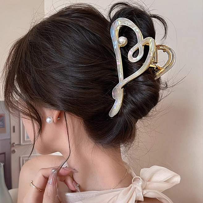 엘리스 자개진주포인트 하트펀칭 빅사이즈 숱많은머리 집게핀