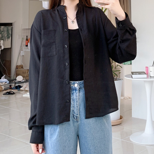 티데일리 프레시 차이나 루즈핏 셔츠 여성용 시스루 무지 남방