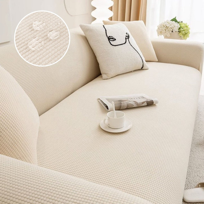 [생활방수] 커버무드 와플 소파 커버 + 자체제작 고정 스펀지, 1개, 아이보리