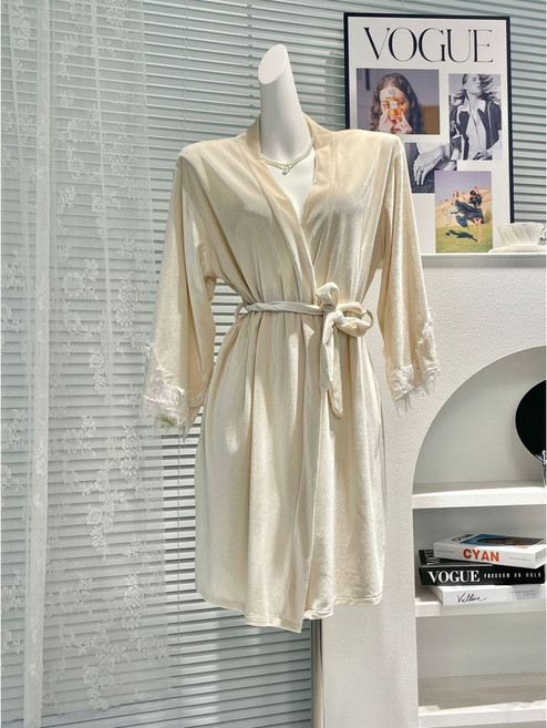 法式金絲絨蕾絲睡袍，秋冬保暖舒適家居服