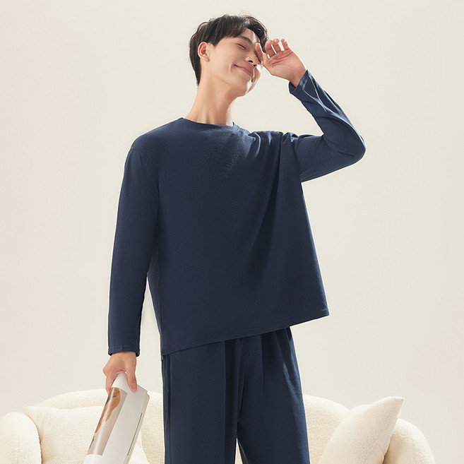 華夫格情侶睡衣秋季新品男士家居服女士簡約長袖長褲寬鬆休閒套裝