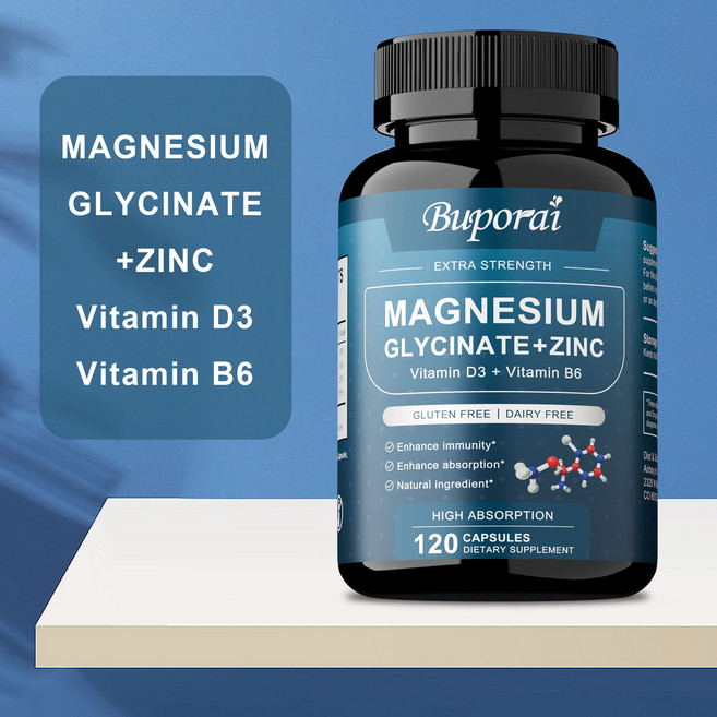 마그네슘 글리신 500mg 캡슐 (아연 비타민 D3 B6 함유) – 긴장 완화 효과 – 남녀 공용 채식주의자용 캡슐, 60정, 1개