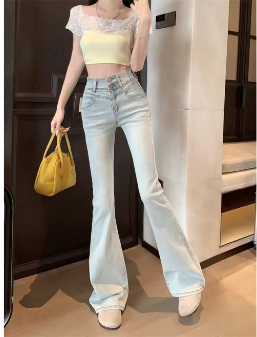 COSYEVNO 여름 하이웨이스트 리본 디테일 슬림 플레어 팬츠