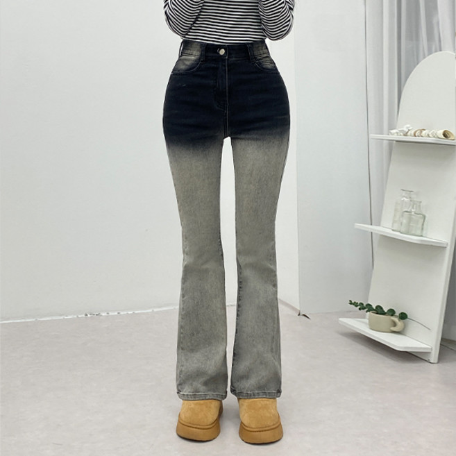 핫투(겨울신상) 기모/3단기장 히든밴딩 하이웨스트 쫀쫀핏 부츠컷 그라데이션 투톤워싱 스판 롱 청바지-3Color