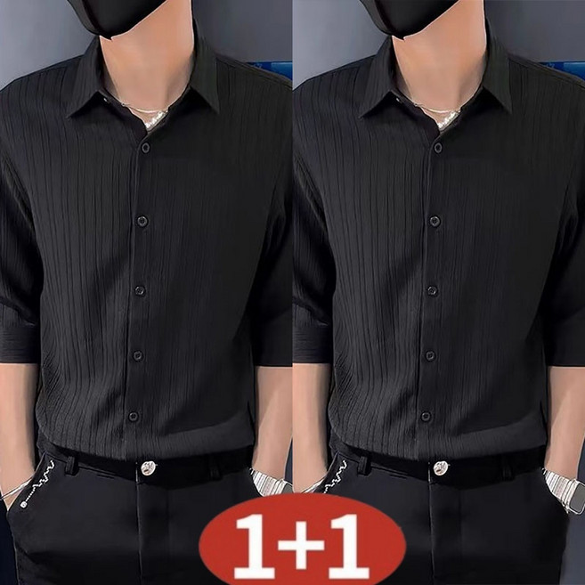AOKADA 1+1 남성 반팔 셔츠 남방 슬림핏 7부 소매 무지 플리츠 주름 텍스처 셔츠 모던룩 남친룩 데일리 상의
